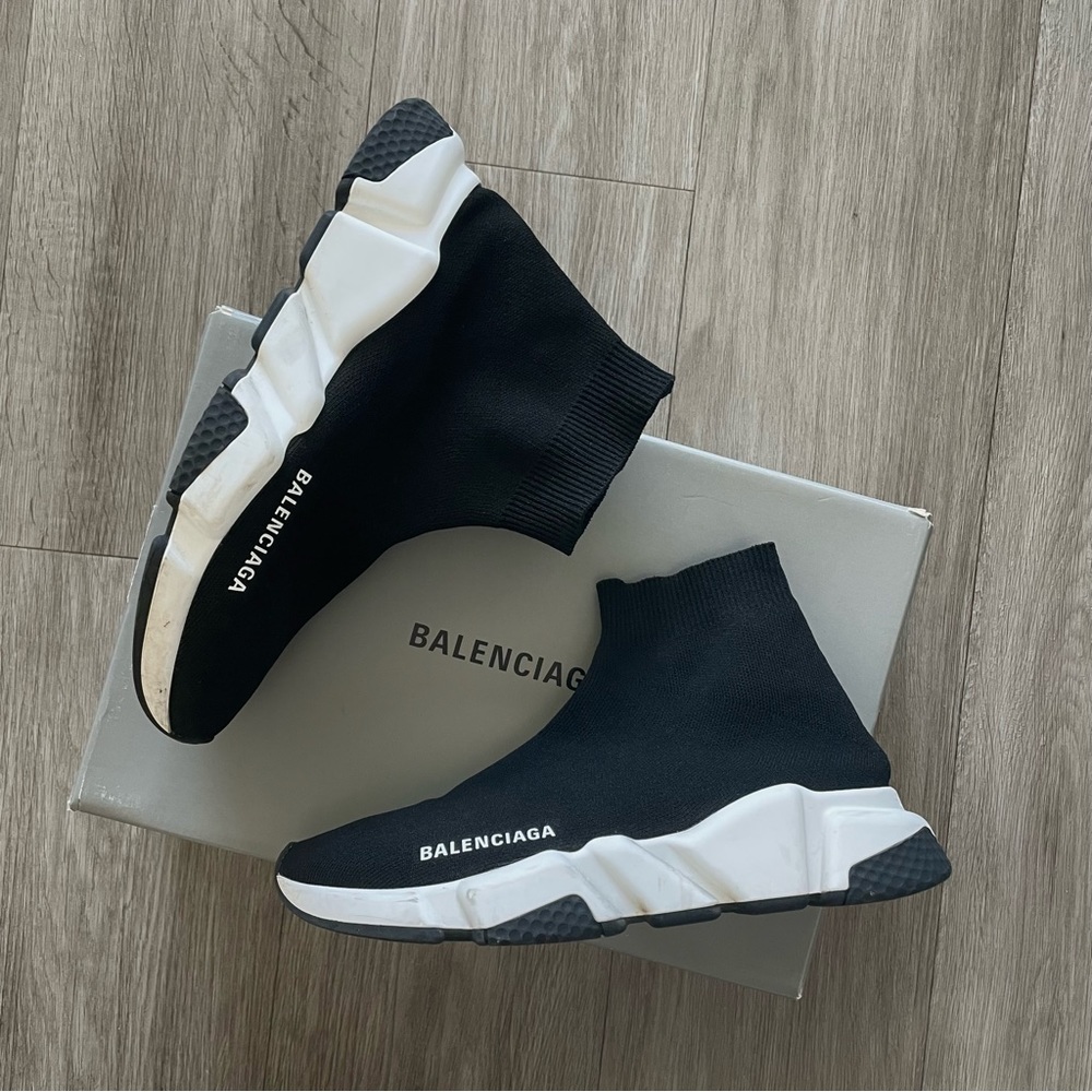 Balenciaga Black and White Speed Trainer Sneakers